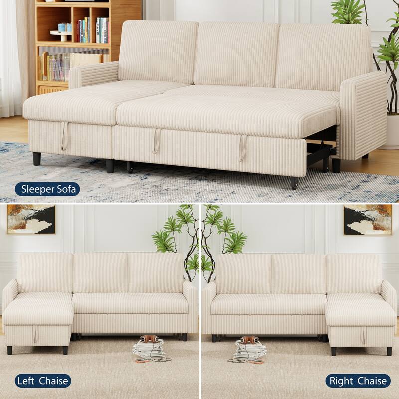 Futzca Convertible Corduroy Sofa Bed with Storage, L-Shaped Sectional Couch
