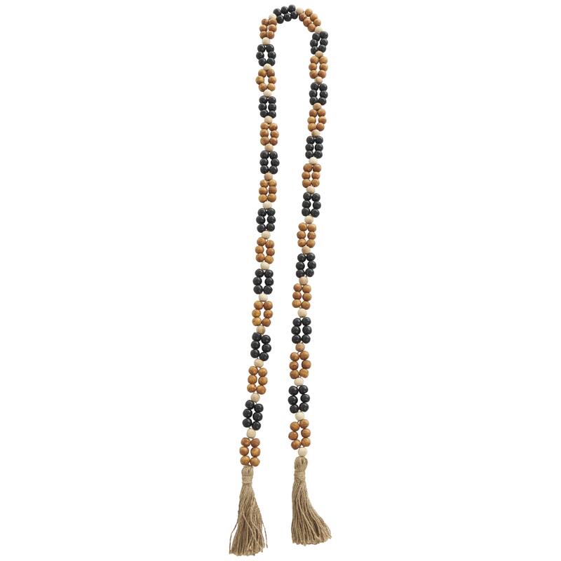Brown Mango Wood Handmade Round Double Layered Long Carved Beaded Garland with Tassel with Black and Cream Accents