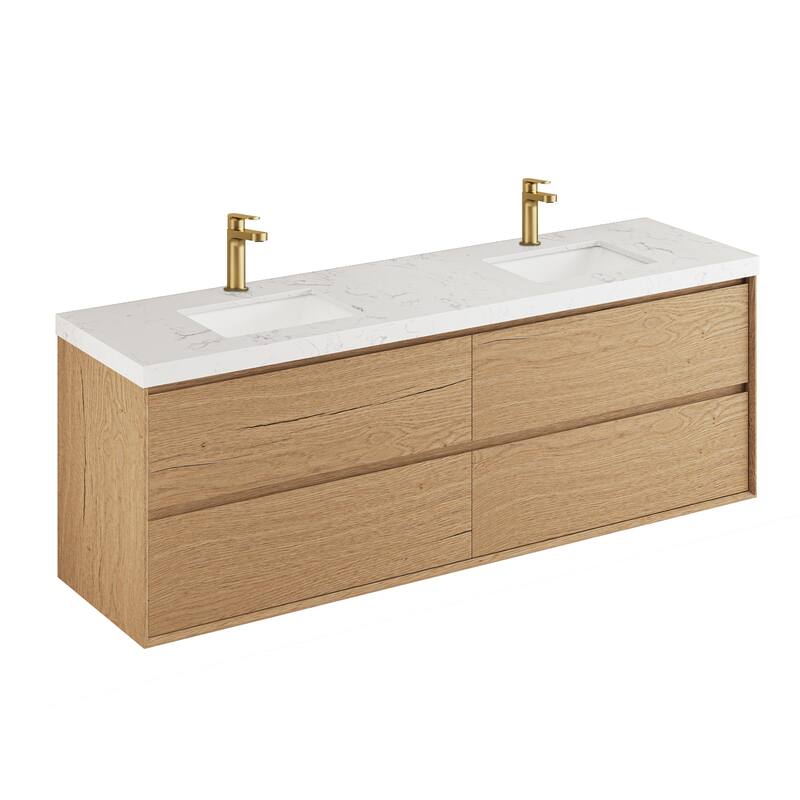 Sylphar 72 inch Bathroom Vanity with Sink, Floating Oak Cabinet with Stone Top