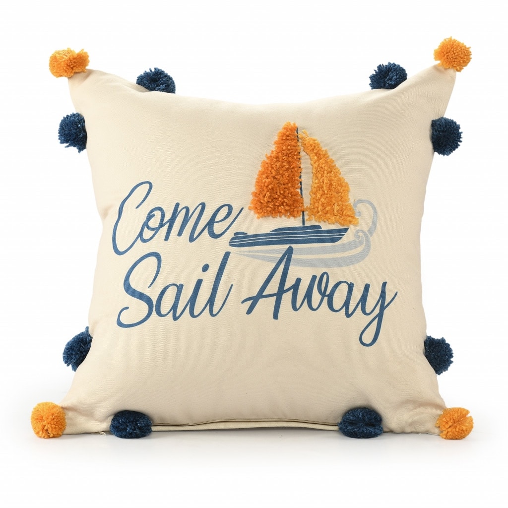 HomeRoots 20" Natural Blue And Orange Come Sail Away Throw Pillow With Pompoms And Texture