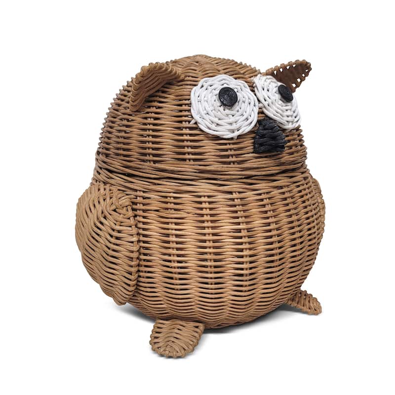 Brown Owl Rattan Storage Basket with Lid Decorative Home Decor Hand Woven Shelf Organizer Cute Handmade Handcrafted Gift Art - 9.5" tall x 9.5" wide x 8" deep