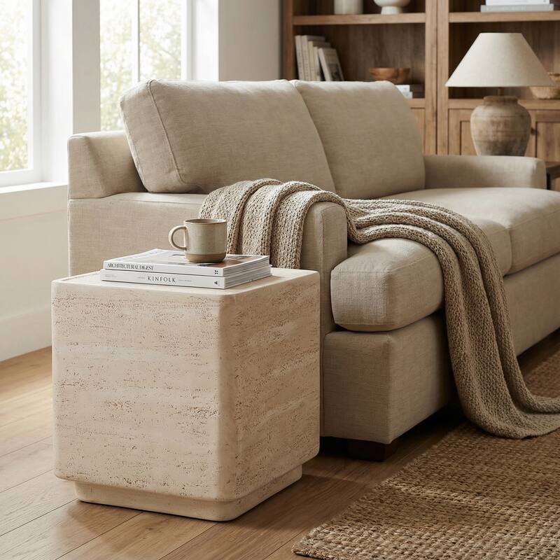 Roomfitters Daphne Outdoor MGO Side Table with Travertine Look, Square Modern Accent, Beige Finish - Beige