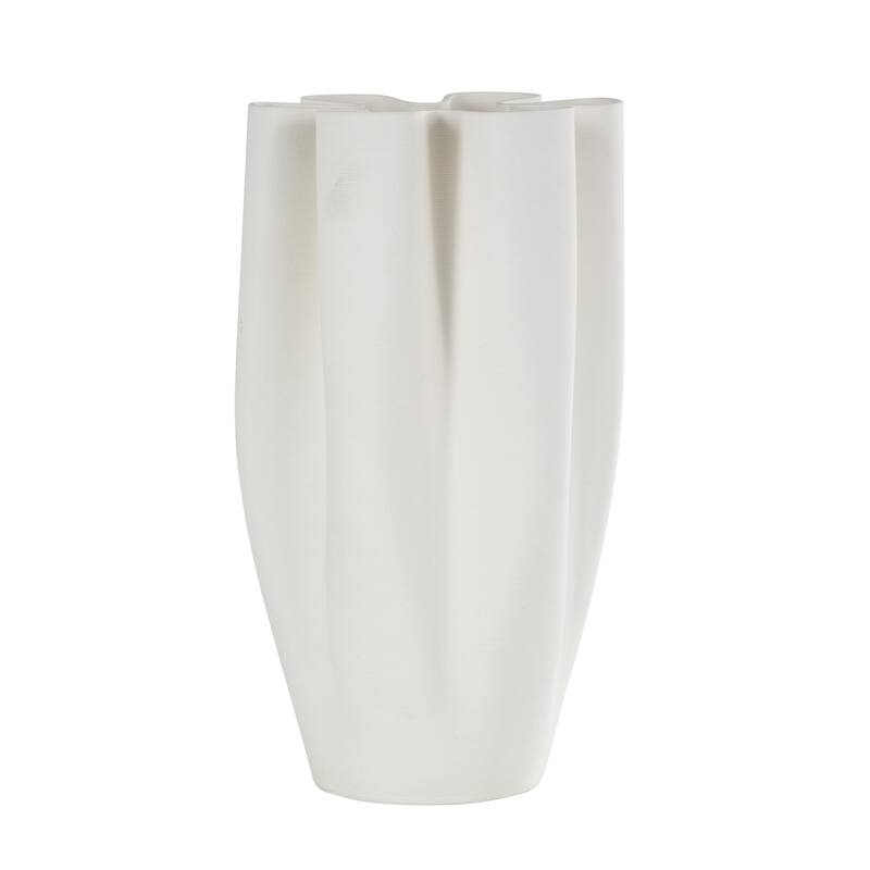 Ceramic Abstract Ribbed Dimensional Folded Decorative Vase with Floral Shaped Rim - White - Roche River Decor