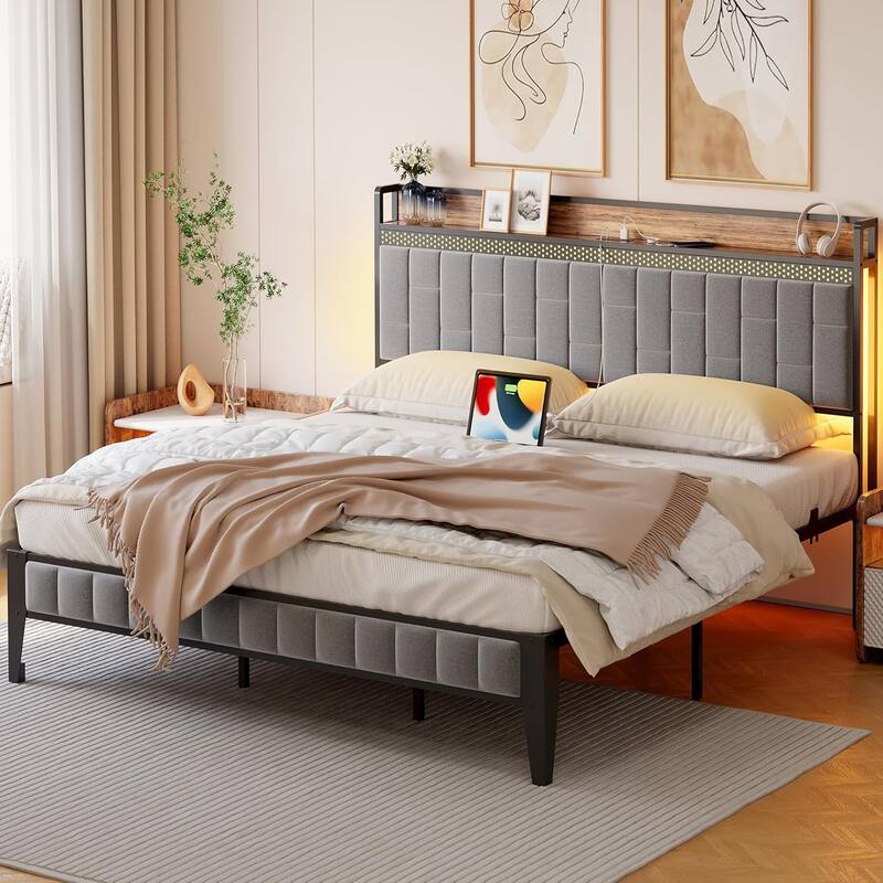 Gray Upholstered Bed Frame with LED Lights, Charging Station & Storage Headboard, No Box Spring Needed