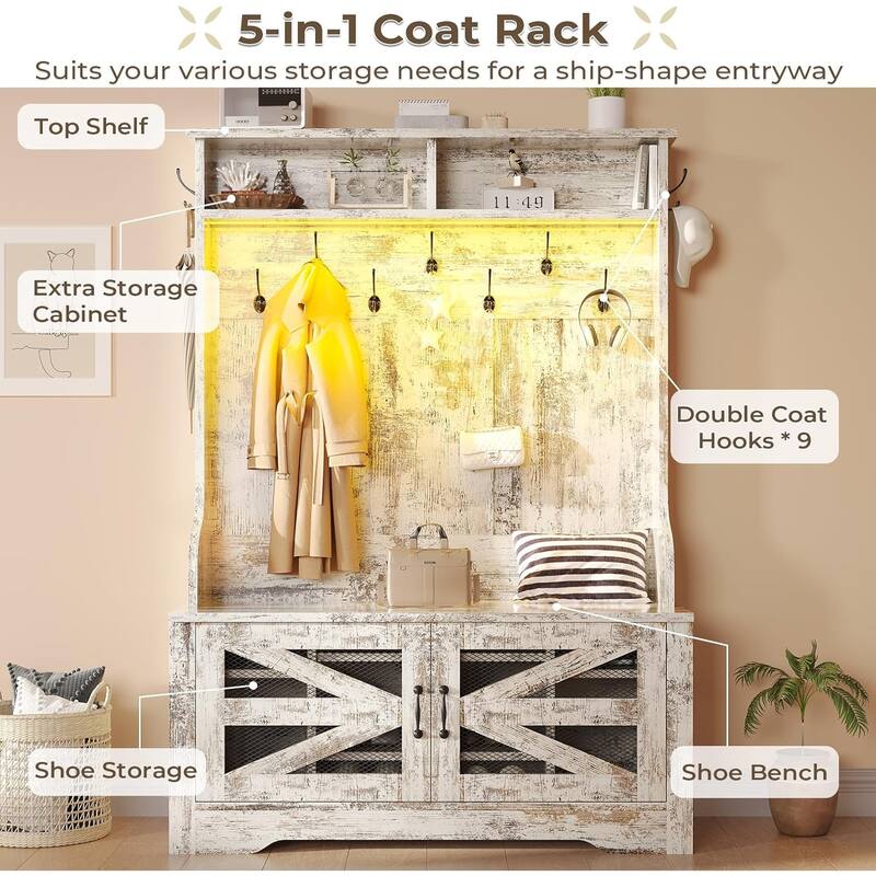 Hall Tree w/ Bench Shoe Storage Shoe Cubby Barn Door Adjustable Shelf