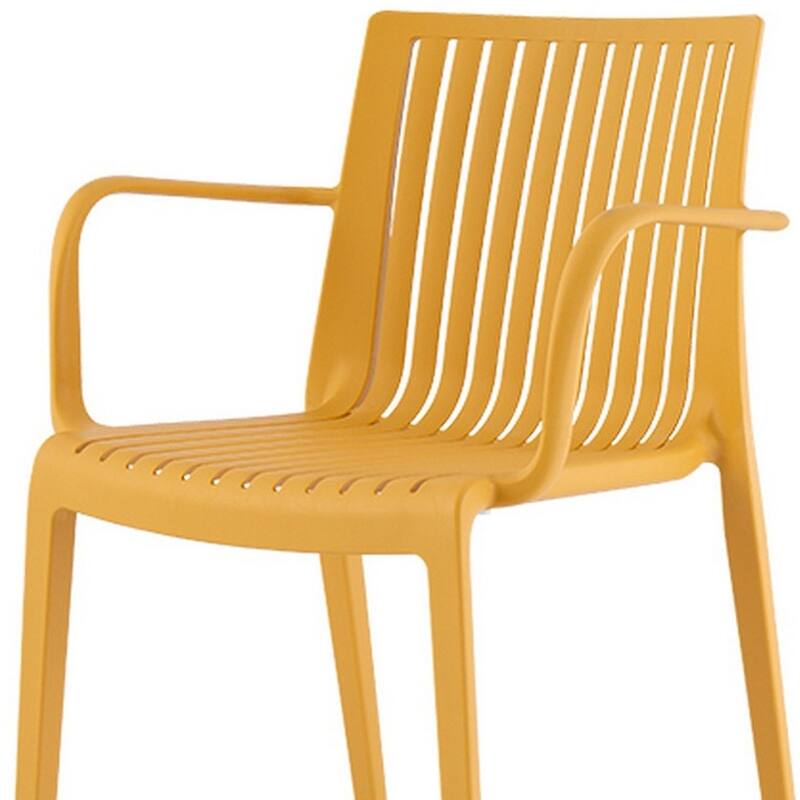 HomeRoots Set of Two Yellow Heavy Duty Plastic Outdoor Stacking Arm Chairs