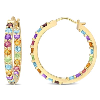 Miadora Multi-Color Gemstone Hoop Earrings in Yellow Plated Sterling Silver
