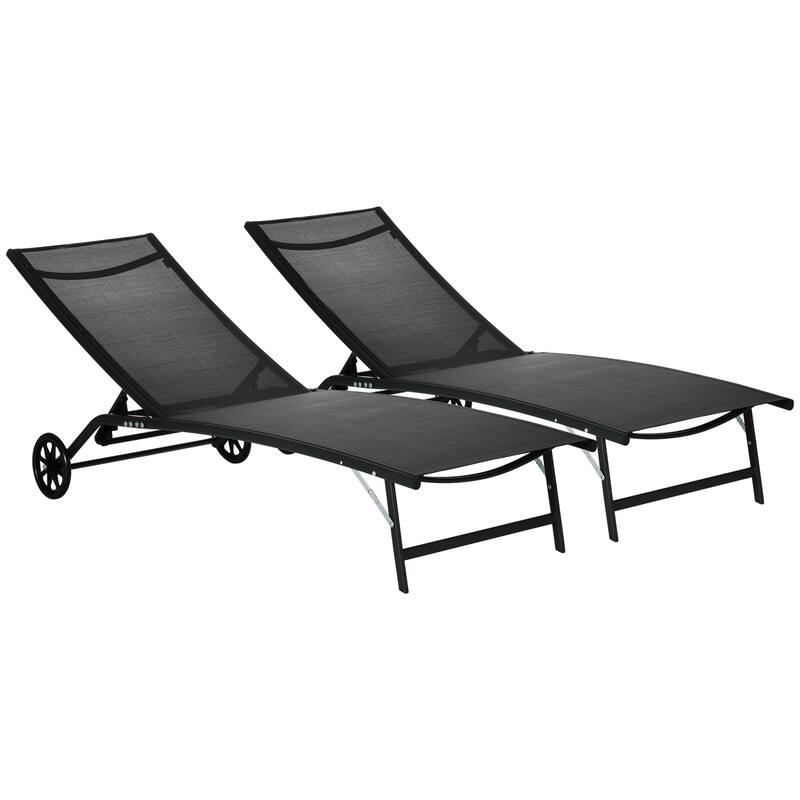 Outsunny Patio Chaise Lounge Chair Set of 2, 2 Piece Outdoor Recliner with Wheels, 5 Level Adjustable Backrest - Black