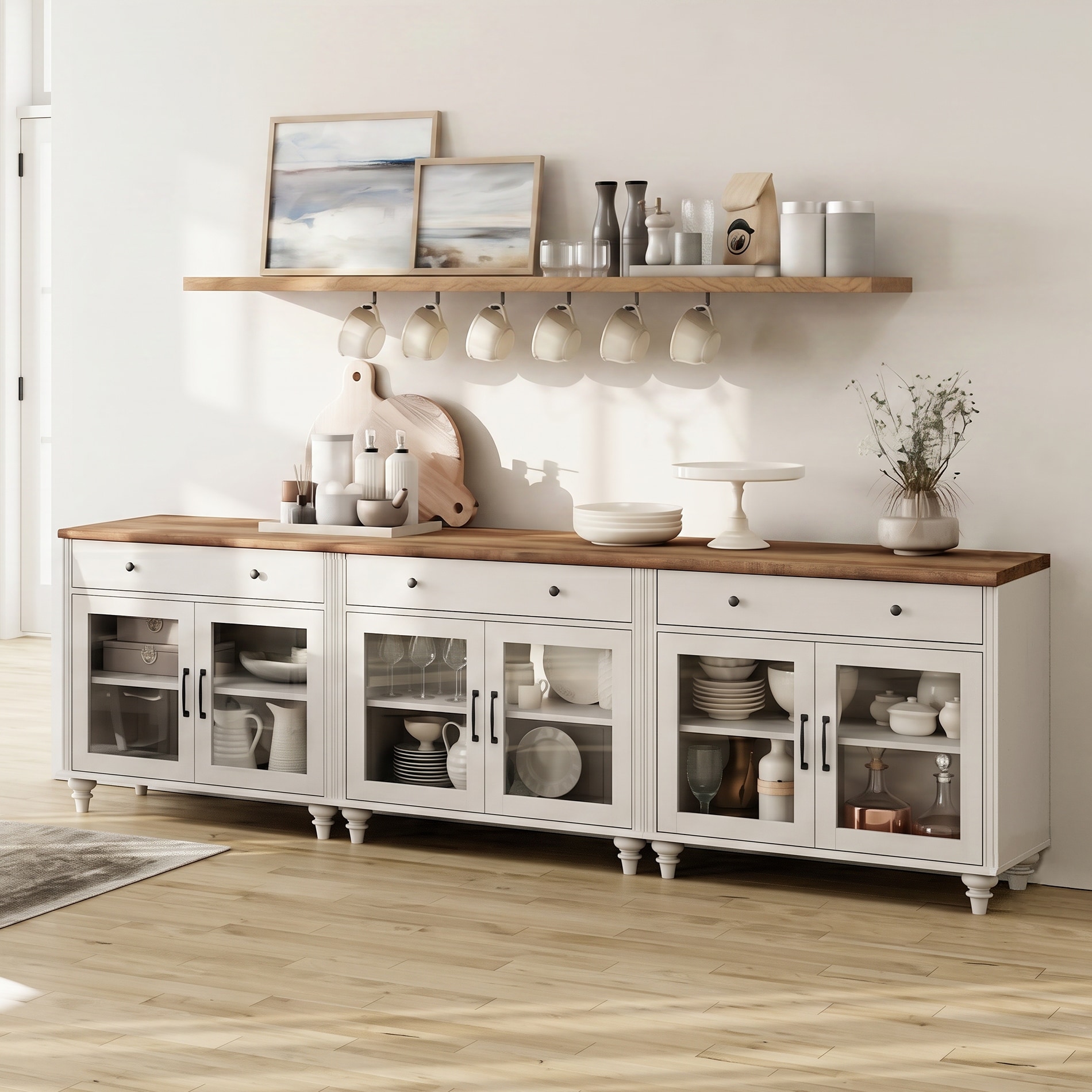 Buffet Cabinets With Glass Doors, Kitchen Storage Wooden Coffee Bar Tables, Modern Farmhouse Sideboard Credenza For Living Room