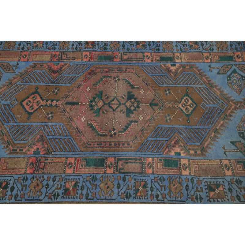 Hand Knotted Oriental 100% Wool Carpet Traditional Geometric Navy Blue & Blues Hamedan Runner Rug - 10' 6'' X 3' 3''