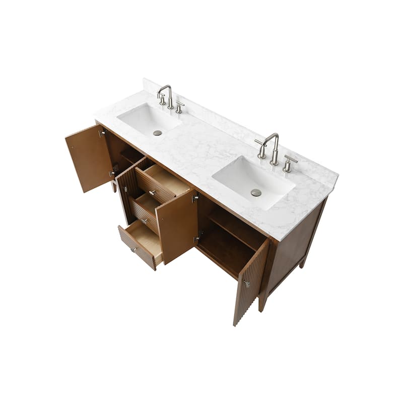 Vanity Art 72" Double Sink Bathroom Vanity Cabinet with Engineered Marble Top - 72"/Brushed Nickel Handle - Linear Walnut