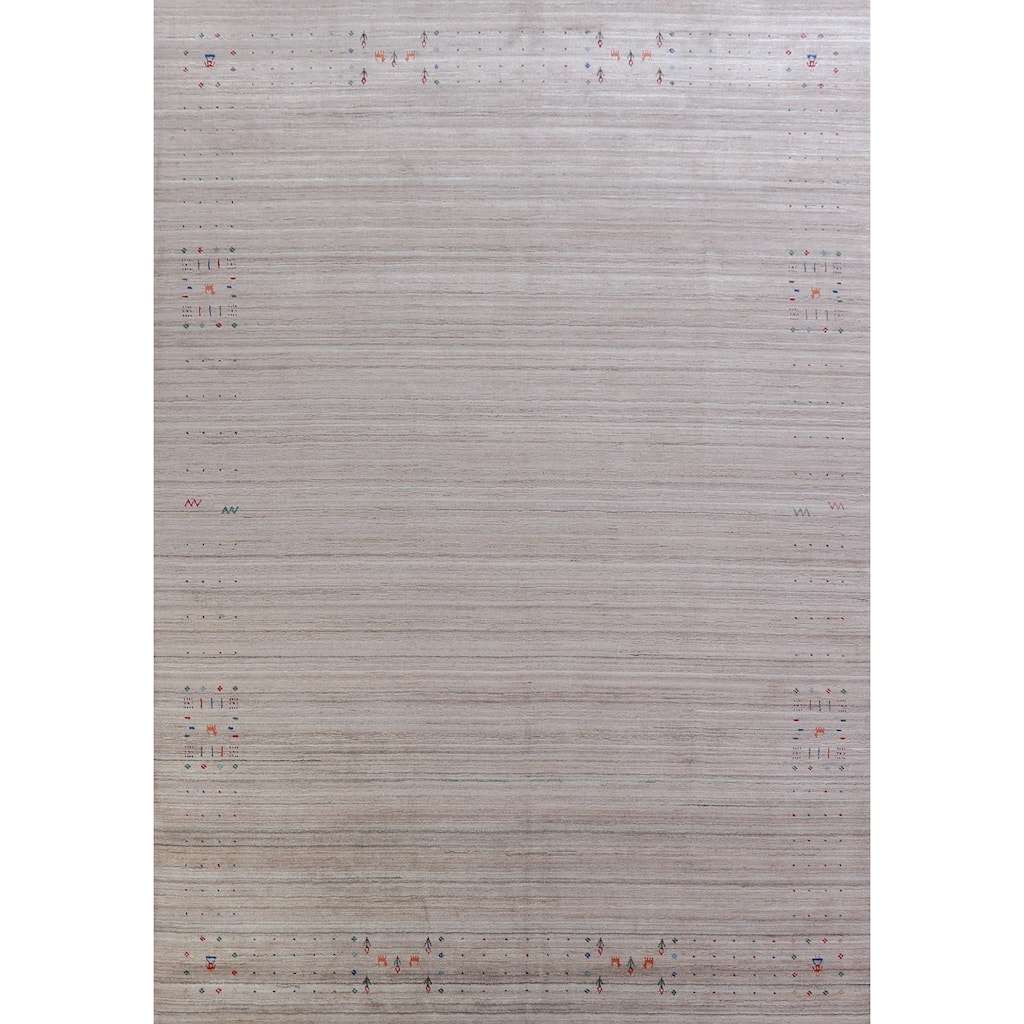 Hand Knotted Oriental 100% Wool Carpet Tribal Stripe Beige & Ivories Gabbeh Area Rug - 12' 7'' X 9' 2''