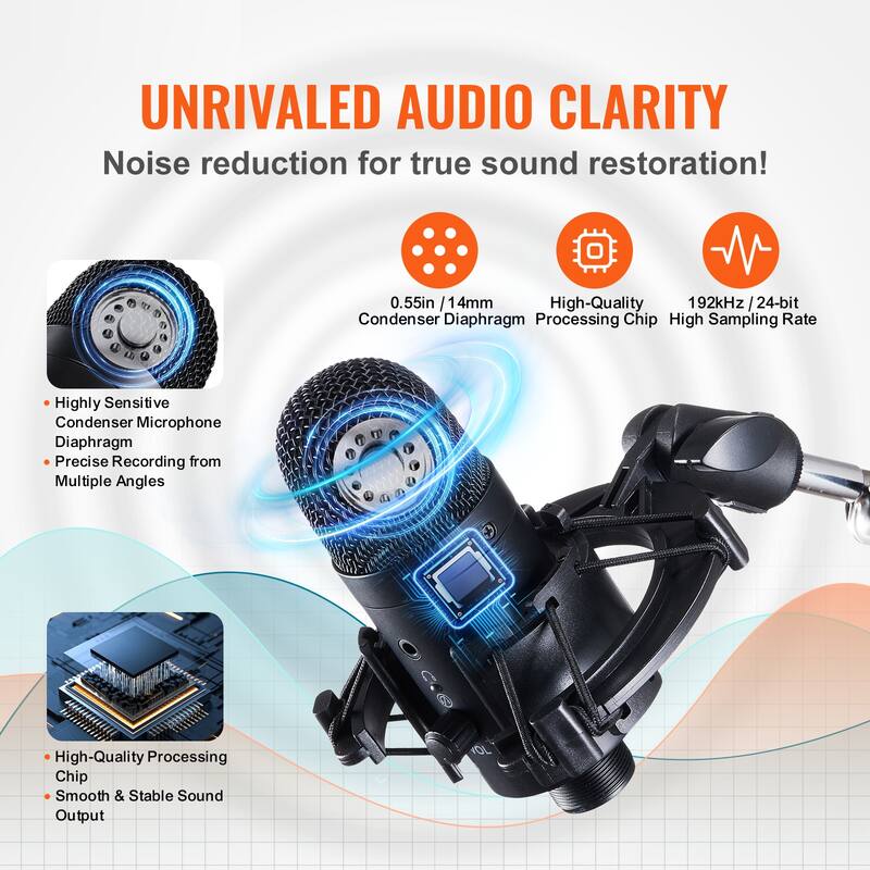 USB Microphone, 192 kHz/24-bit, Professional Condenser Microphone Kit with Boom Arm Stand Pop Filter Shock Mount