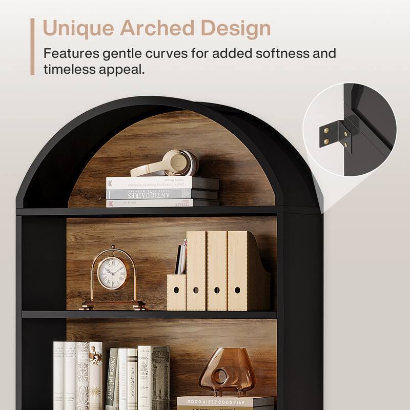76.8" Tall Arched Bookcase, 5-Tier Modern Bookshelf with File Cabinet Drawer