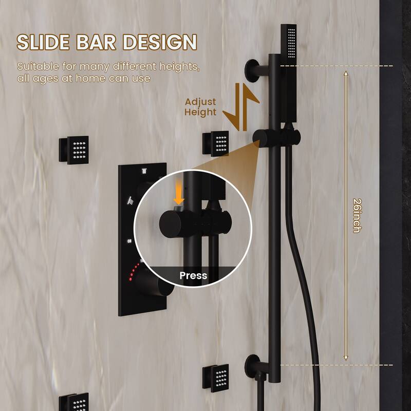 Thermostatic 3-Spray 12 in. Wall Mount Fixed and Handheld Dual Shower Head 2.5 GPM with 4-Body Jets and Adjustable Slide Bar