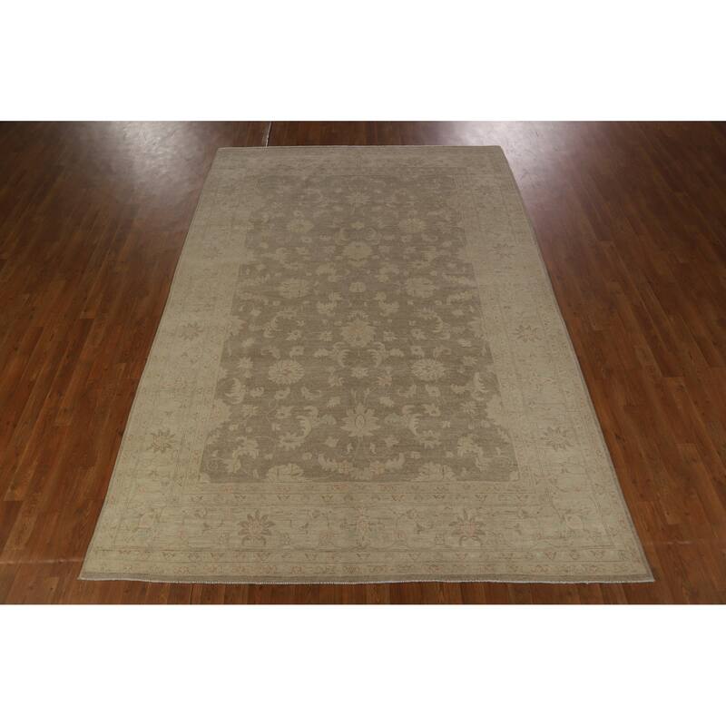 Hand Knotted Oriental 100% Wool Carpet Transitional All-Over Brown Oushak Area Rug - 9' 8'' X 6' 8''
