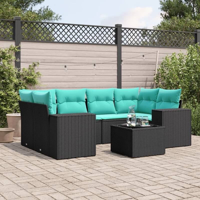 vidaXL 7 Piece Patio Sofa Set with Cushions Black Poly Rattan - 24.4 x 24.4 x 27.2