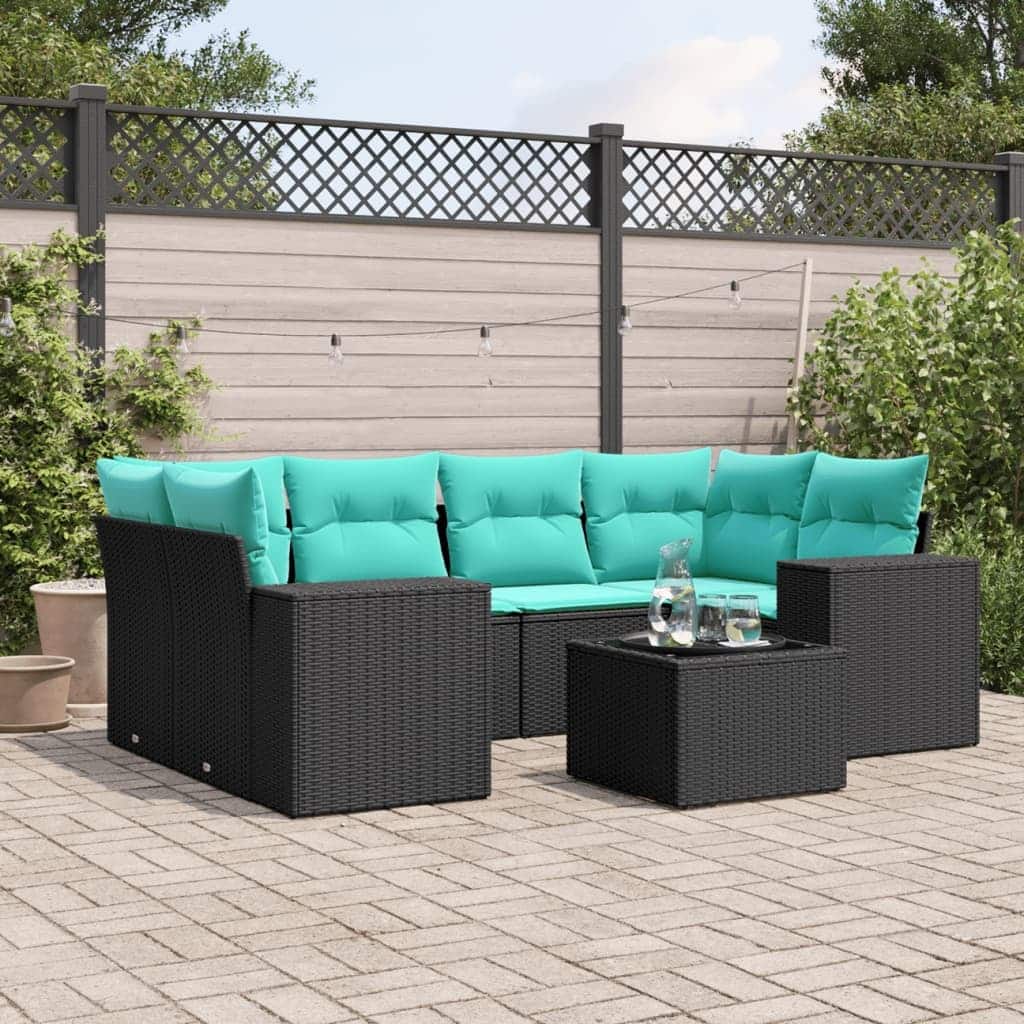 vidaXL 7 Piece Patio Sofa Set with Cushions Black Poly Rattan - 24.4 x 24.4 x 27.2