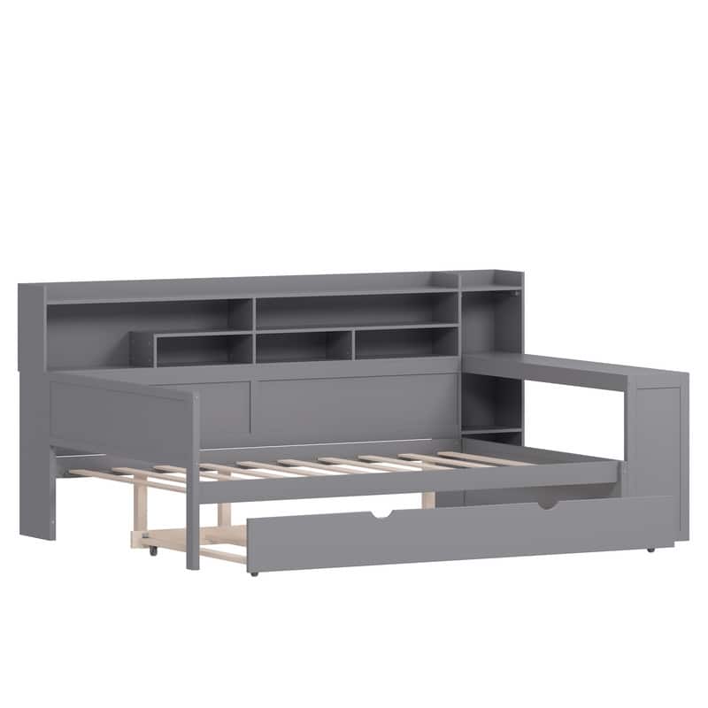 Wooden Daybed with Study Desk and Twin Size Trundle, Twin/Full Size Daybed Frame Sofa Bed with Storage Shelves