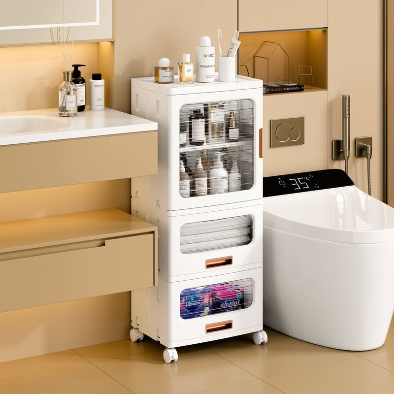 VECELO White Rolling Storage Cabinet with Transparent Doors Adjustable Shelves for Living Room Bedroom Bathroom Organization