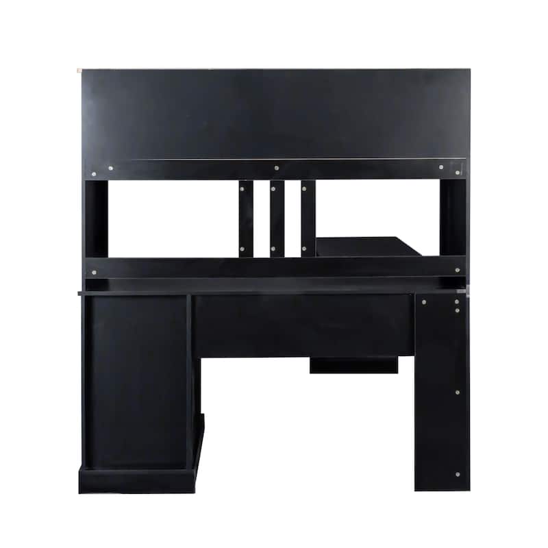 Anmytek Black L Shaped Desk with Hutch and Drawers Corner Computer Workstation for Home Office Gaming
