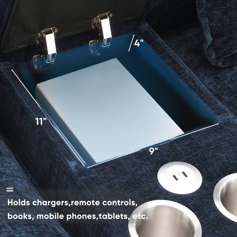 Modern U-shaped Sofa with Console,Cupholders and USB Ports,6-seat Upholstered Symmetrical Indoor Furniture,Blue