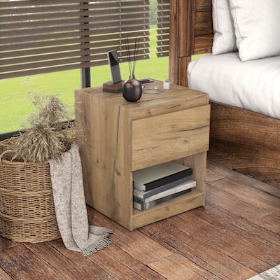 DH BASIC Rustic Light Oak 1-Drawer Nightstand with Charge Stand and Open Shelf by Denhour
