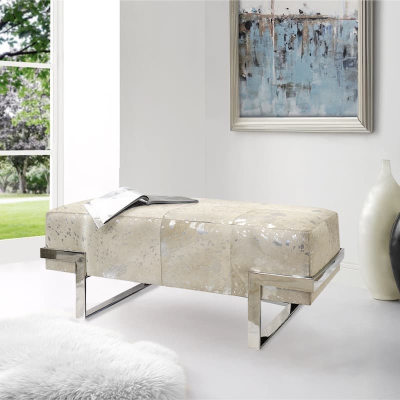 Pasargad Home Safari Cowhide Bench with Stainless Steel Legs - W39.5"XD19.5"XH16"