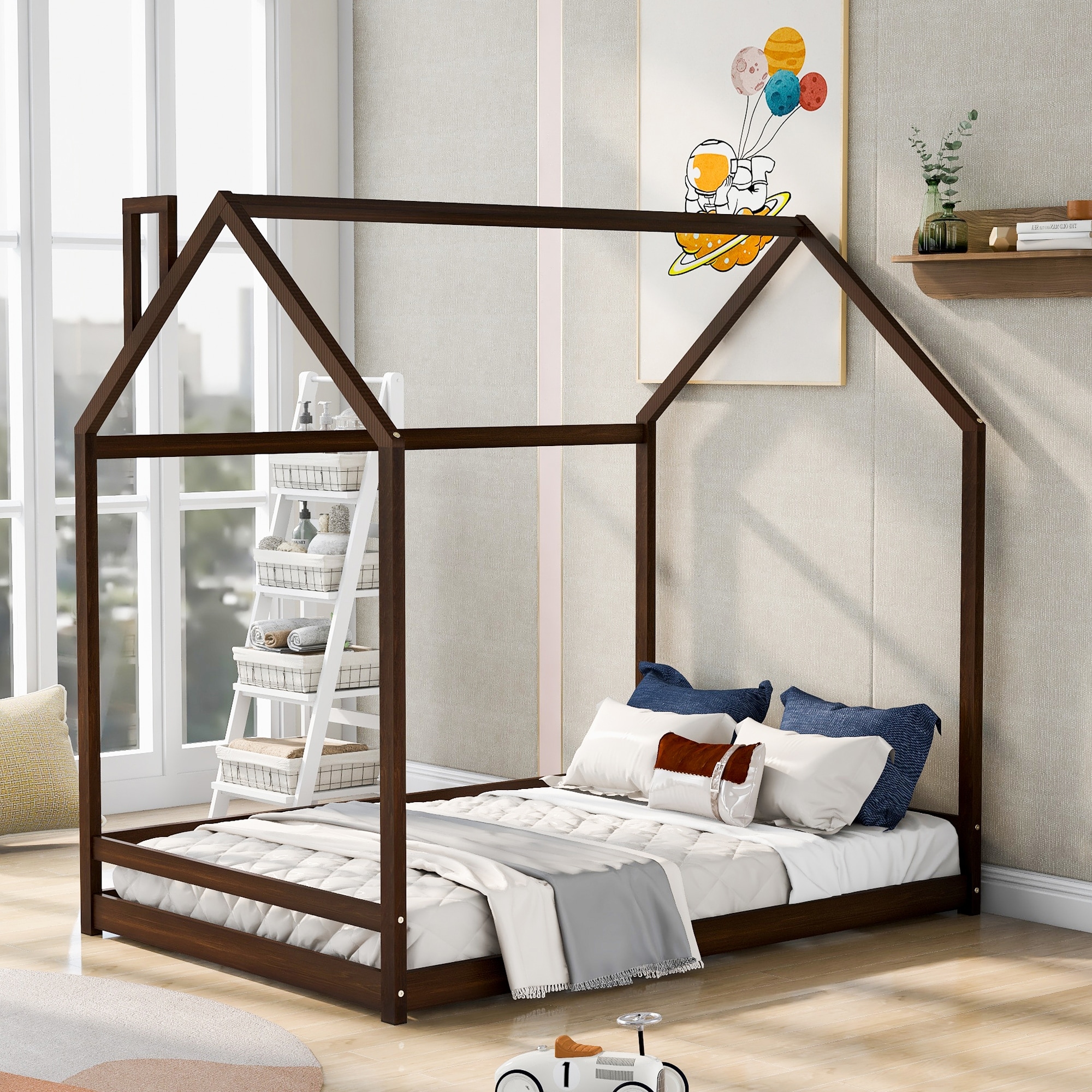Full Size House Bed Wood Four Poster Bed w Roof Floor Bed Frame for Kids Teens Girls Boys No Box Spring Needed Easy Assembly Natural