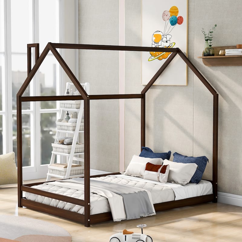 Twin/Full Size Wooden House Bed for Kids, Semi-Enclosed Playhouse Design with Roof, Perfect for Bedroom Fun and Sleep