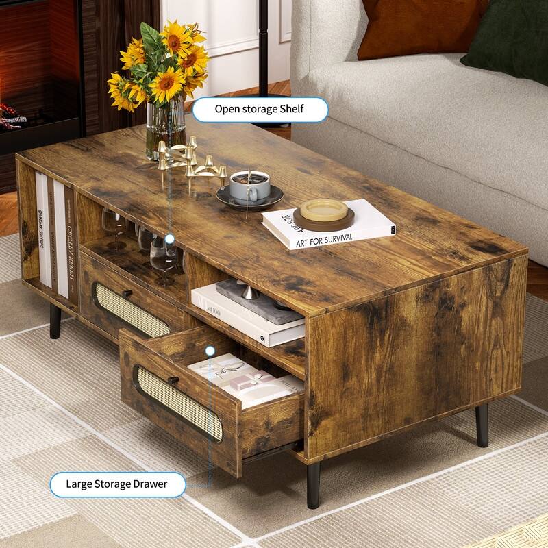 Mixoy Coffee Table, Mid Century Modern Coffee Table with 3 Open Shelves and 2 Storage Cabinets for Living Room - 47in*24in*20in