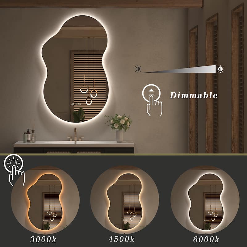 KIOTEE Frameless Irregular LED Anti-Fog Bathroom Vanity Mirror, Asymmetrical Backlit Wall Mirror