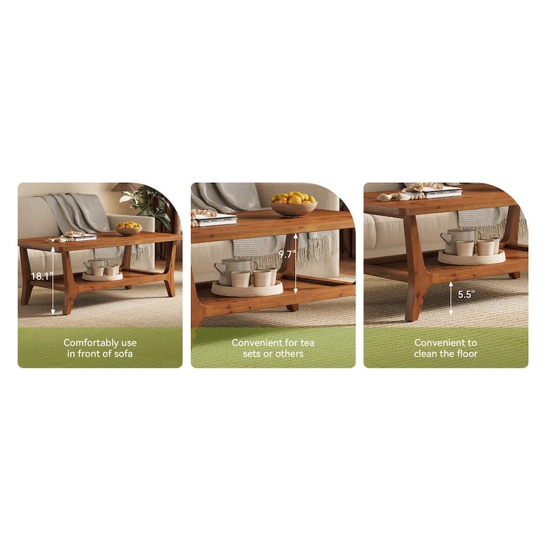 47'' Solid Wood Coffee Table with Open Storage Shelf, Mid-Century Rectangle Center Table