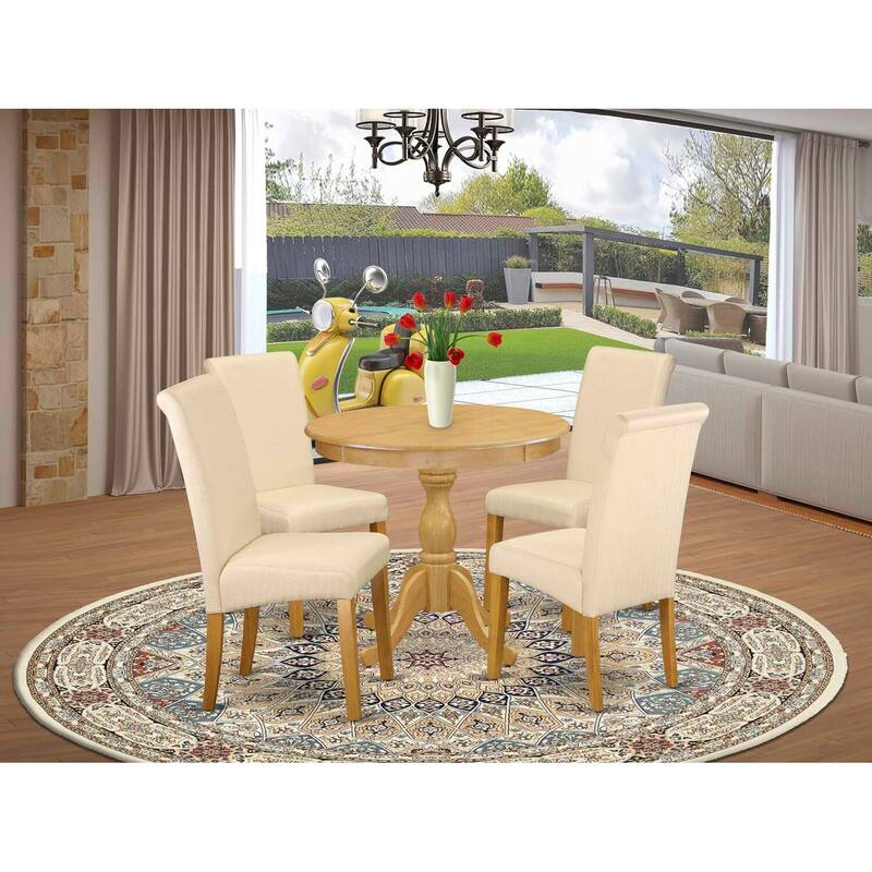 HomeStock 5-Piece Round Natural Oak Finish Solid Wood Top Dining Table with 4 Upholstered-Chairs