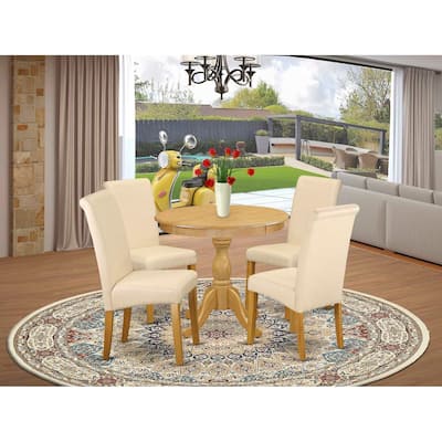 HomeStock 5-Piece Round Natural Oak Finish Solid Wood Top Dining Table with 4 Upholstered-Chairs