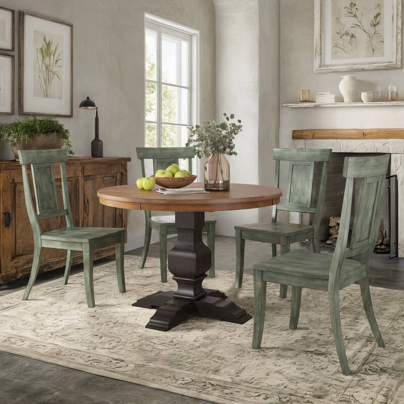 Ronda 45" Round Solid Wood Top Dining Set with Panel Back Chairs - Antique Black Table - Antique Sage Green Chairs