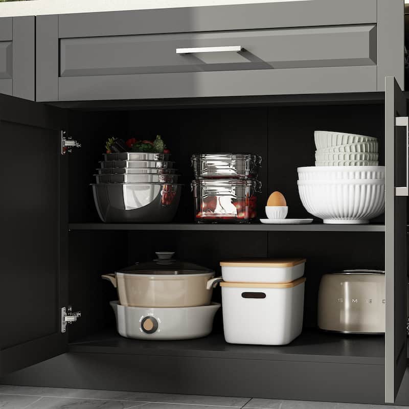 Grey Kitchen Cabinet: Ample Storage with Glass - door Display and Drawers Pantry Buffet