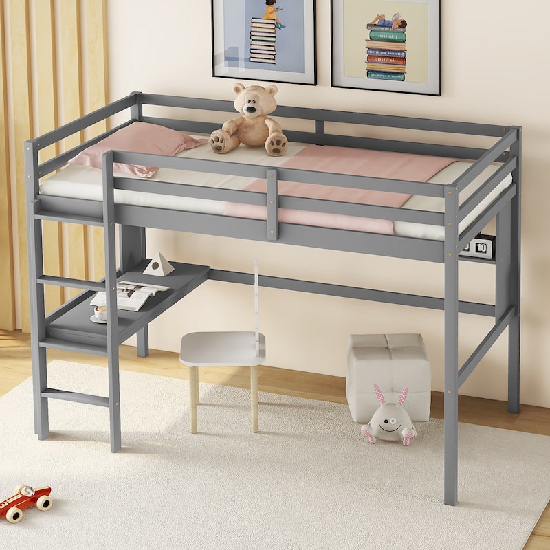 Grey Twin Size Wood Loft Bed with desk and shelves, Safety Guardrail and ladder