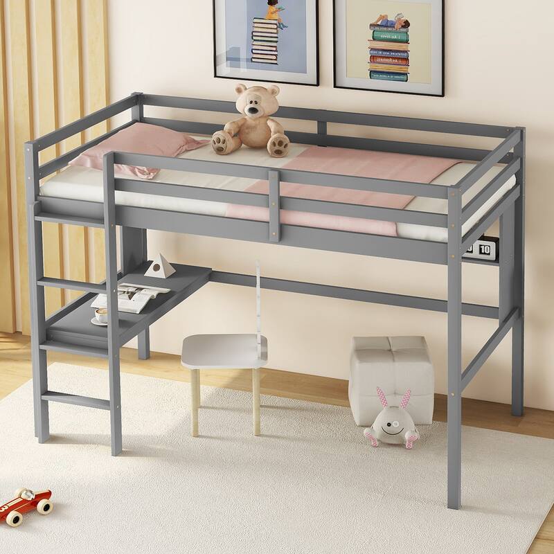 Twin Size Loft Bed with desk and shelves, Safety Guardrail and ladder