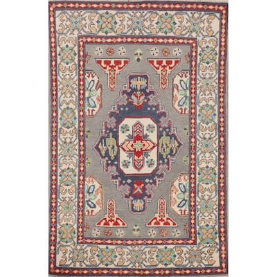 Geometric Kazak Accent Rug Handmade Grey Wool Carpet - 3'1" x 5'1"