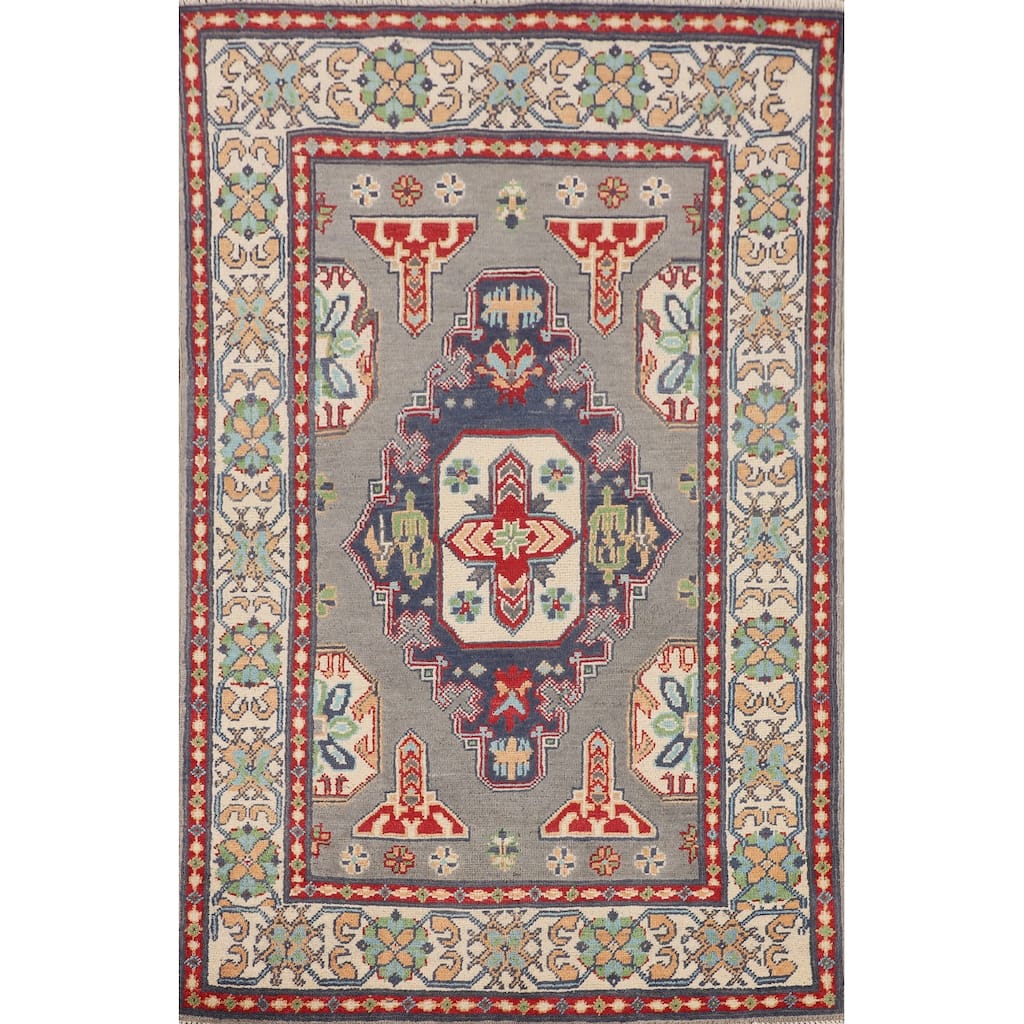 Geometric Kazak Accent Rug Handmade Grey Wool Carpet - 3'1" x 5'1"