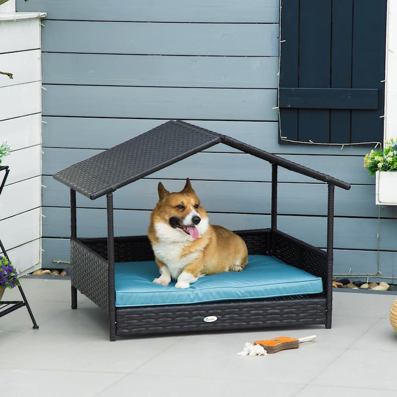 PawHut Wicker Dog House Raised Rattan Bed for Indoor/Outdoor - Brown, Blue