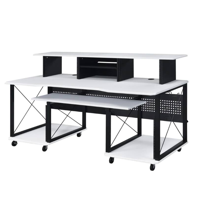 72 Inch Music Desk Workstation, Crossed Metal Panels, Keyboard Tray, White