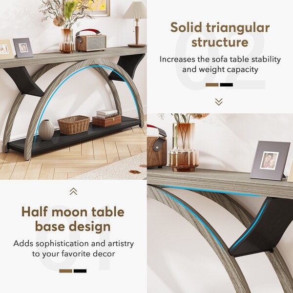 2-Tier Narrow Long Console Sofa Table with Semi-Circular Frame for