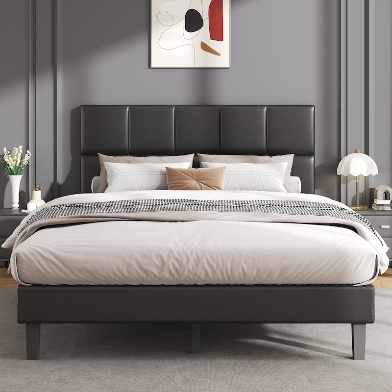 Full Size Bed Frame with Leather Finish – Modern Low-Profile Bed Base with Under-Bed Storage Space and Noise-Free Support