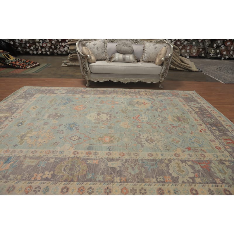 Light Blue Floral Oushak Vegetable Dye Area Rug, Floral Geometric Carpet - 12' 5'' X 9' 4''