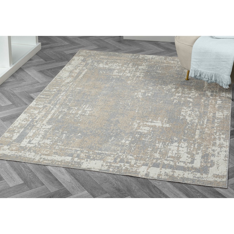 Sevita Distressed Border Gray Ivory Machine-Washable Rug