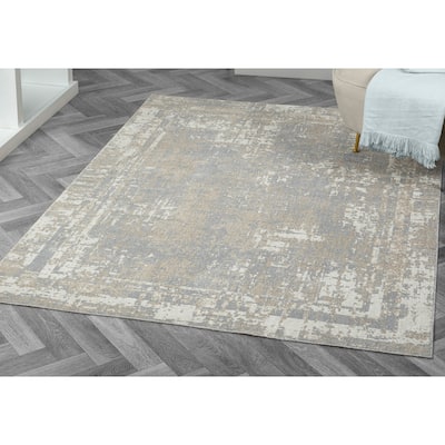 Sevita Distressed Border Gray Ivory Machine-Washable Rug