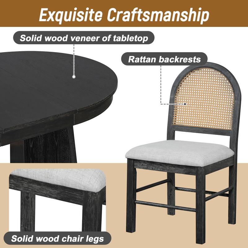 5-Piece Retro Extendable Dining Table Set for 4 with Upholstered Chairs and Rattan Backrests, Kitchen Table Set for Dining Room