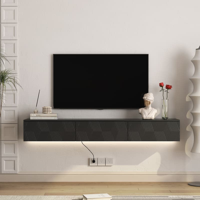 Modern Floating Wall-Mounted TV Cabinet, for 55/60/65 Inch TVs, with 16-Color LED Lighting, for Living Rooms, Black - Black